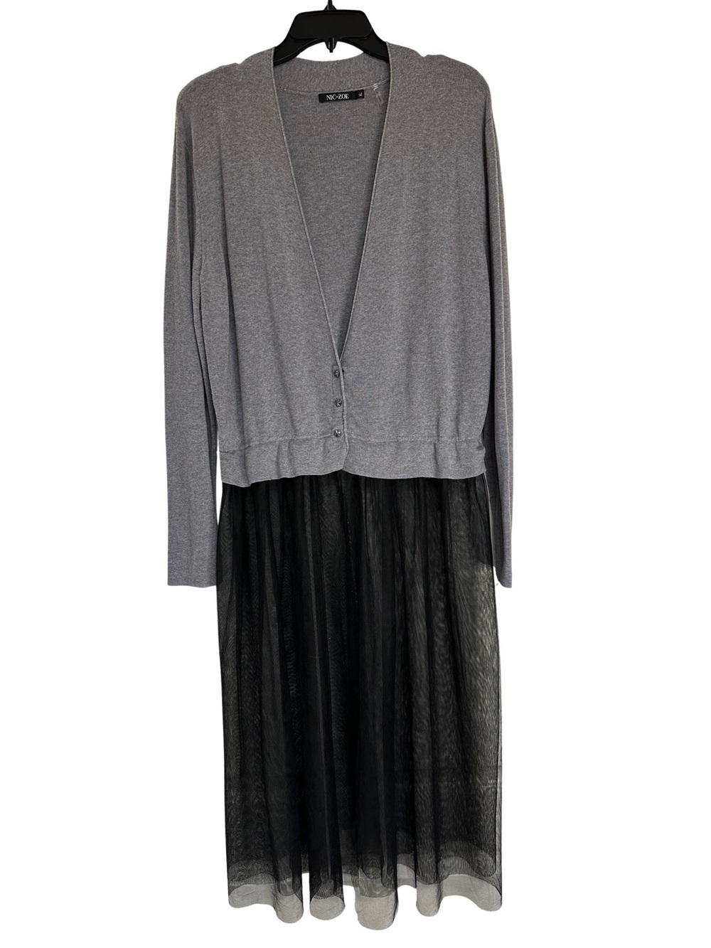 NIC+ZOE XL Gray Knit Cardigan Black Mesh Tulle Hem Mixed Media Midi Dress